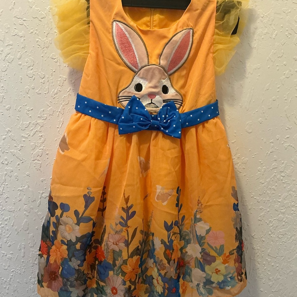 Taylor Kids Dress with Bunny Design - Orange and Blue